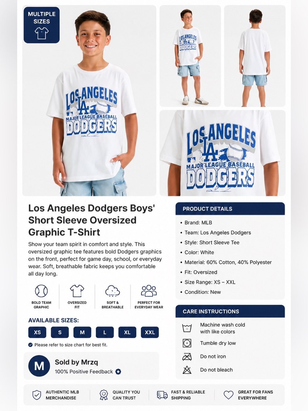 MLB Los Angeles Dodgers White Graphic Tee for Boys